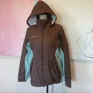 Columbia Women's Size M Brown Blue Hooded Windbreaker Jacket Zip Pockets.